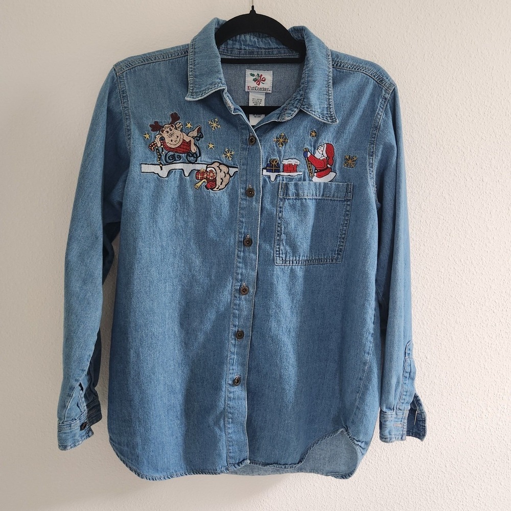 Vtg‎ Nutcracker Women's Medium Christmas Denim Button Down Shirt Santa Reindeer